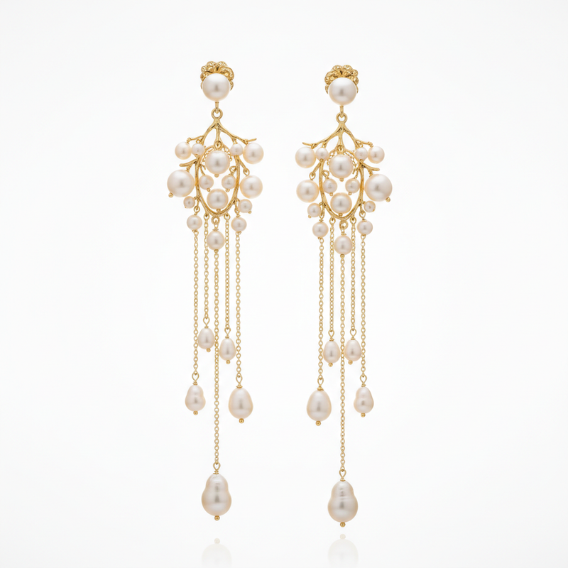 Gold Pearl Chandelier Earrings